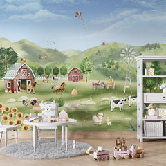 Farm Joy wallpaper mural shown in a children's playroom table