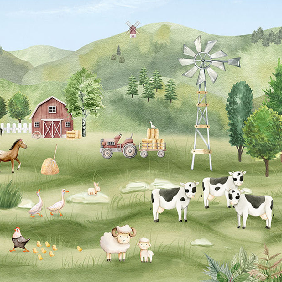 Close-up of the Farm Joy wallpaper mural by Oliver Robins