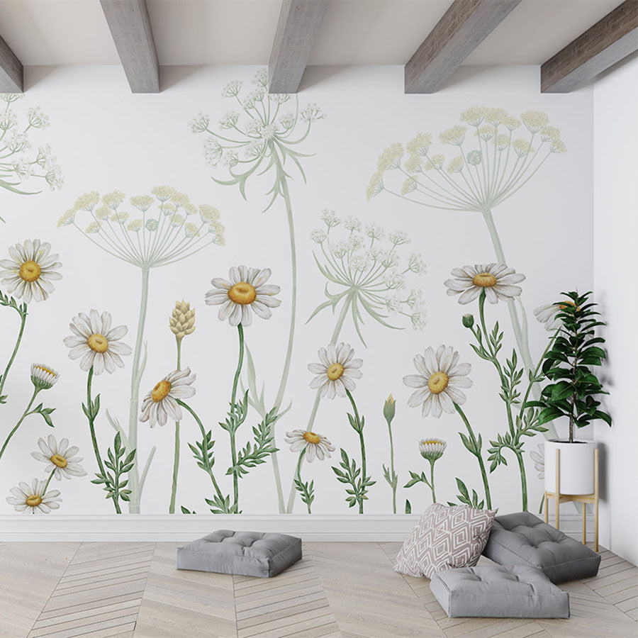 Field of Daisies wallpaper mural in a living room floor cushions
