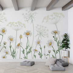 Field of Daisies wallpaper mural in a living room floor cushions