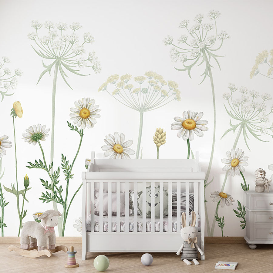Field of Daisies wallpaper mural in a nursery cot