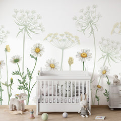 Field of Daisies wallpaper mural in a nursery cot