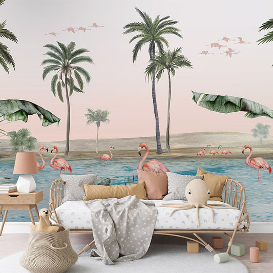 Flamingo Oasis wallpaper mural in a children’s bedroom rattan daybed