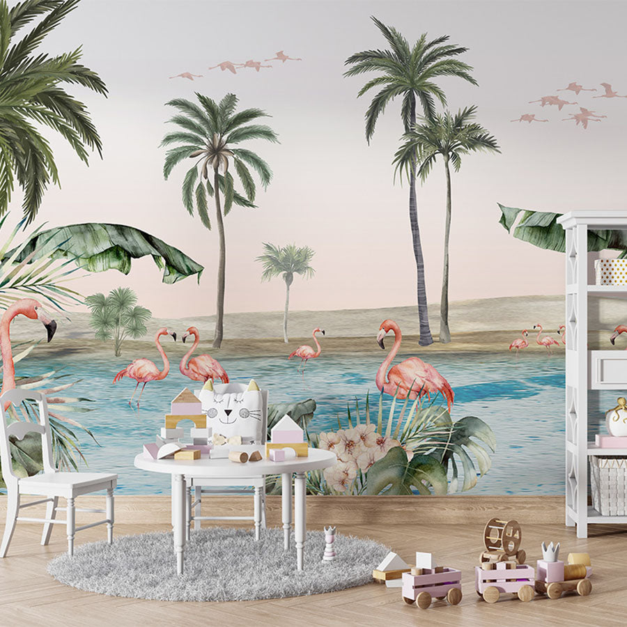 Flamingo Oasis wallpaper mural in a children’s playroom table