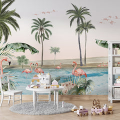 Flamingo Oasis wallpaper mural in a children’s playroom table