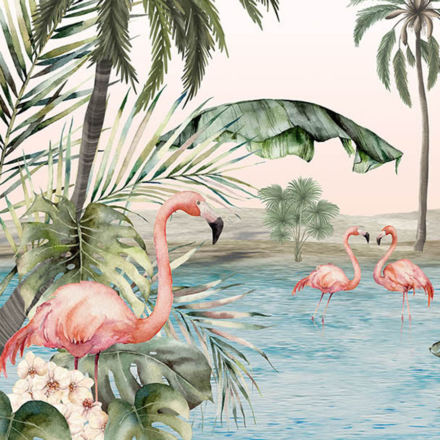Close-up of the Flamingo Oasis wallpaper mural featuring pink flamingos, palms and a blue lagoon