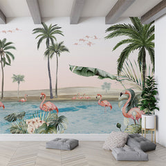Flamingo Oasis wallpaper mural in a living room floor cushions