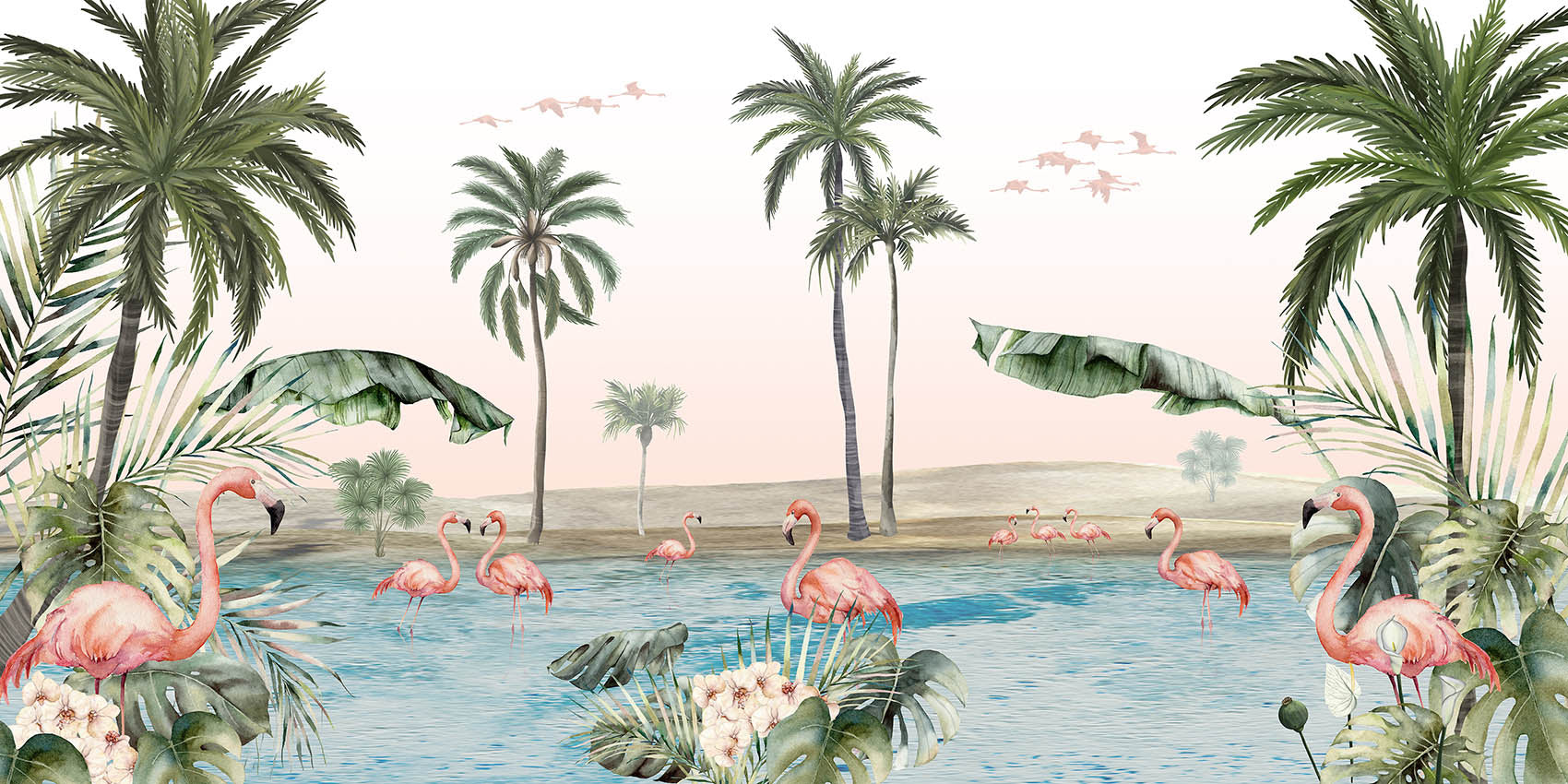 Flamingo Oasis wallpaper mural by Kikki Belle featuring pink flamingos, palms and a blue lagoon