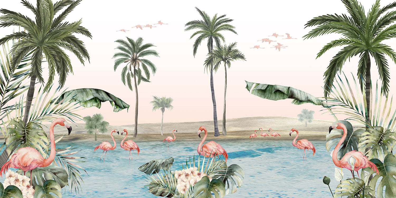 Flamingo Oasis wallpaper mural by Kikki Belle featuring pink flamingos, palms and a blue lagoon