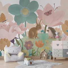 Flowery Hill wallpaper mural shown in a children's bedroom armchair