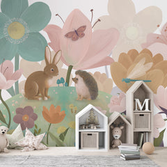 Flowery Hill wallpaper mural shown in a children's bedroom house shelves