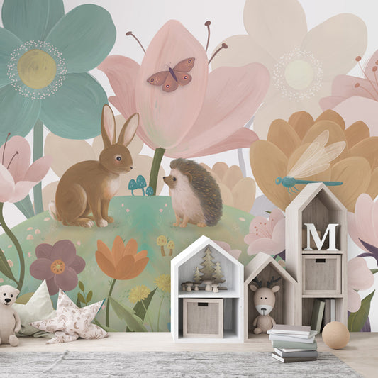 Flowery Hill wallpaper mural shown in a children's bedroom house shelves