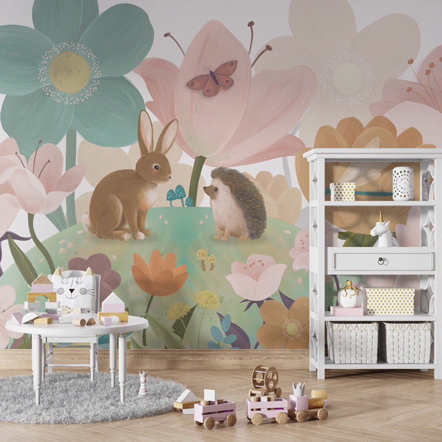 Flowery Hill wallpaper mural shown in a children's playroom table