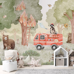 Forest Fire Fighter wallpaper mural shown in a children's bedroom house shelves