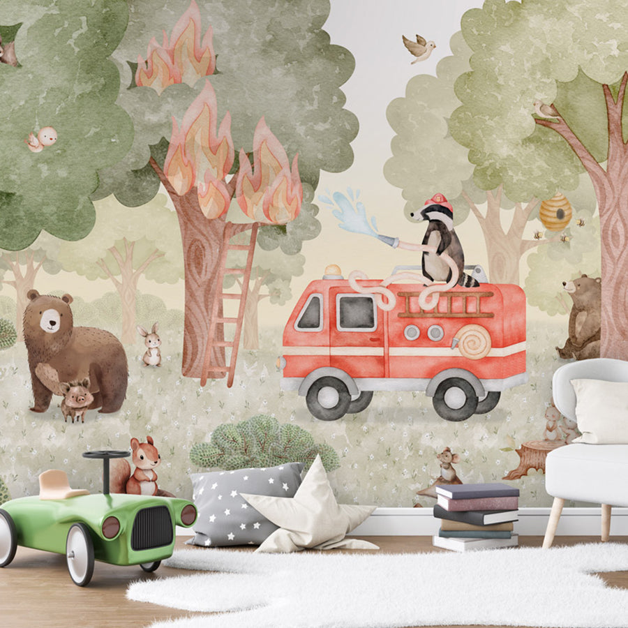 Forest Fire Fighter wallpaper mural shown in a children's bedroom toy car