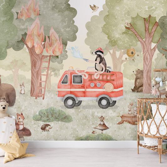 Forest Fire Fighter wallpaper mural shown in a children's nursery crib