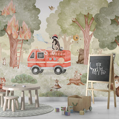 Forest Fire Fighter wallpaper mural shown in a children's playroom chalkboard