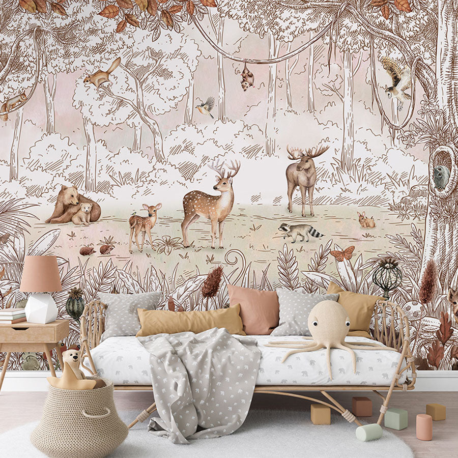 Forest Friends – Autumn wallpaper mural in a children’s bedroom rattan daybed