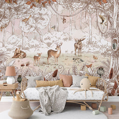 Forest Friends – Autumn wallpaper mural in a children’s bedroom rattan daybed