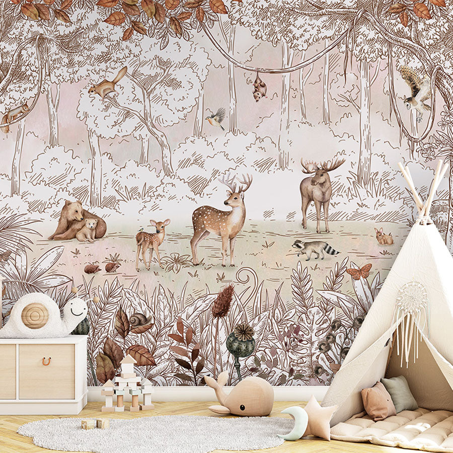 Forest Friends – Autumn wallpaper mural in a children’s playroom