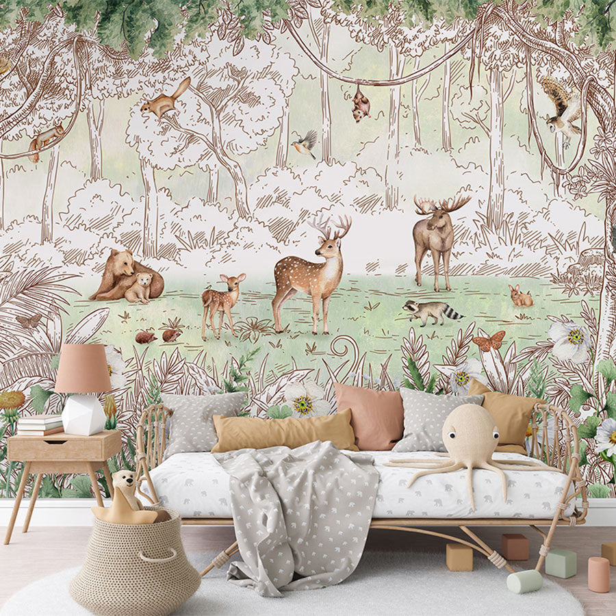 Forest Friends – Spring wallpaper mural in a children’s bedroom rattan daybed