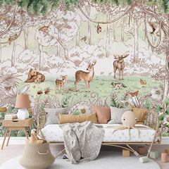 Forest Friends – Spring wallpaper mural in a children’s bedroom rattan daybed