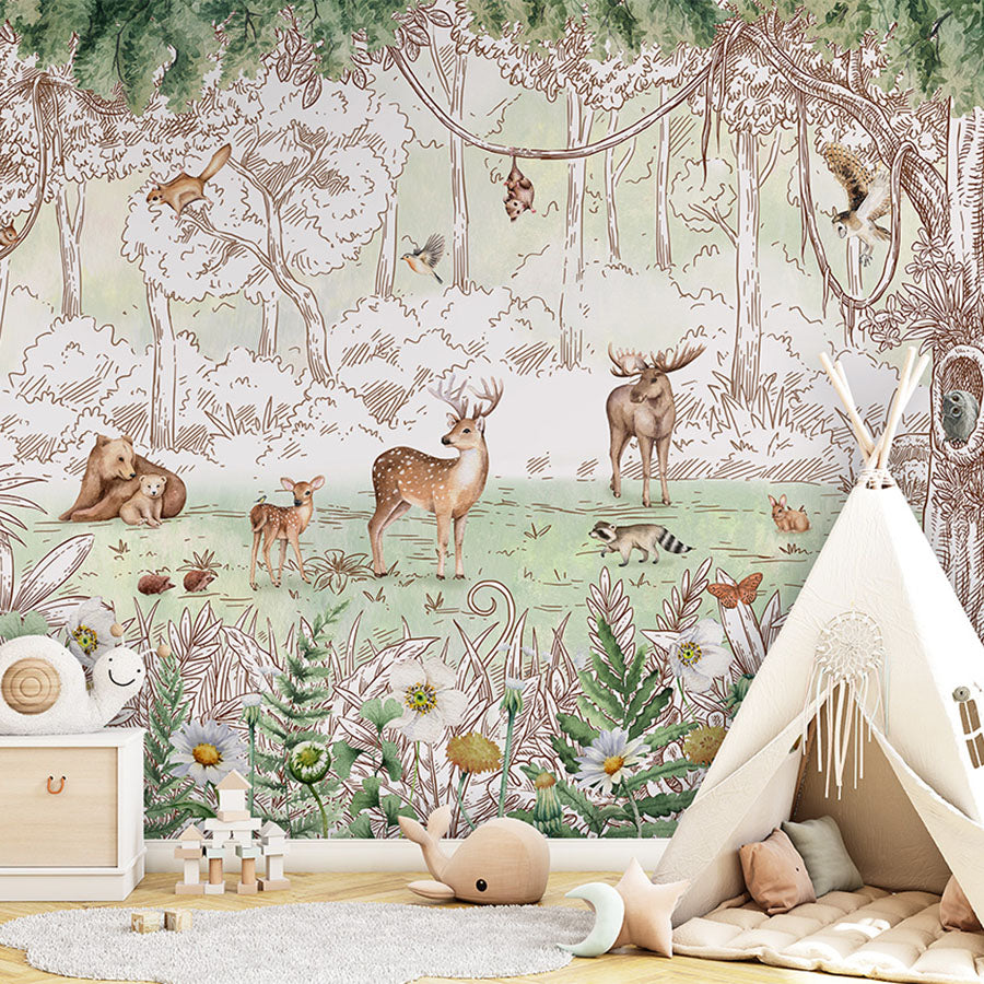 Forest Friends – Spring wallpaper mural in a children’s playroom tipi