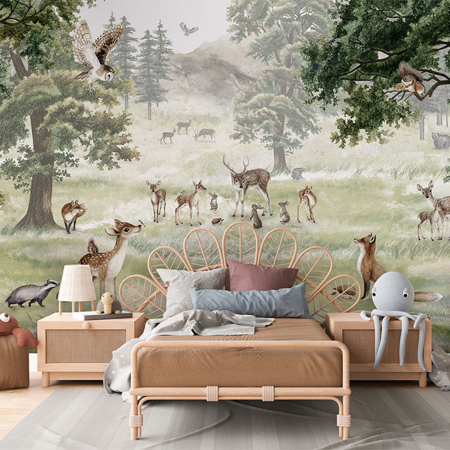 Forest Fun wallpaper mural in a children’s bedroom rattan bed