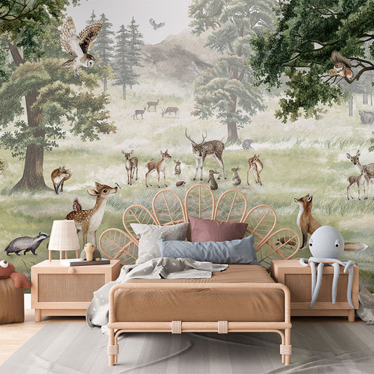 Forest Fun wallpaper mural in a children’s bedroom rattan bed