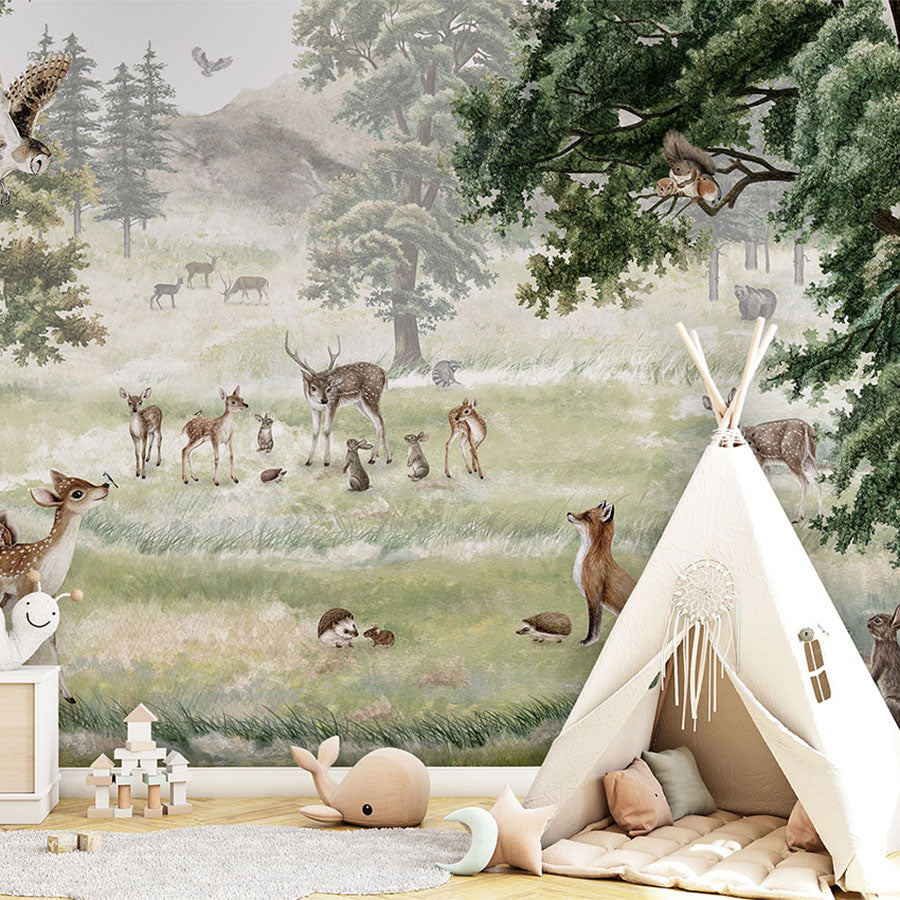 Forest Fun wallpaper mural in a children’s playroom tipi