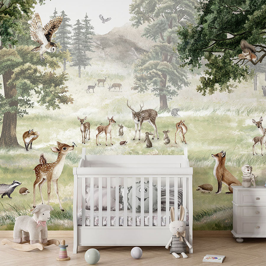 Forest Fun wallpaper mural in a nursery cot