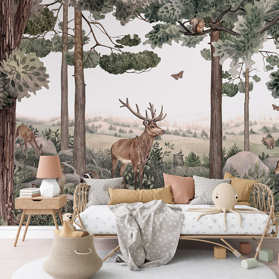Forest Jive wallpaper mural in a children’s bedroom rattan daybed