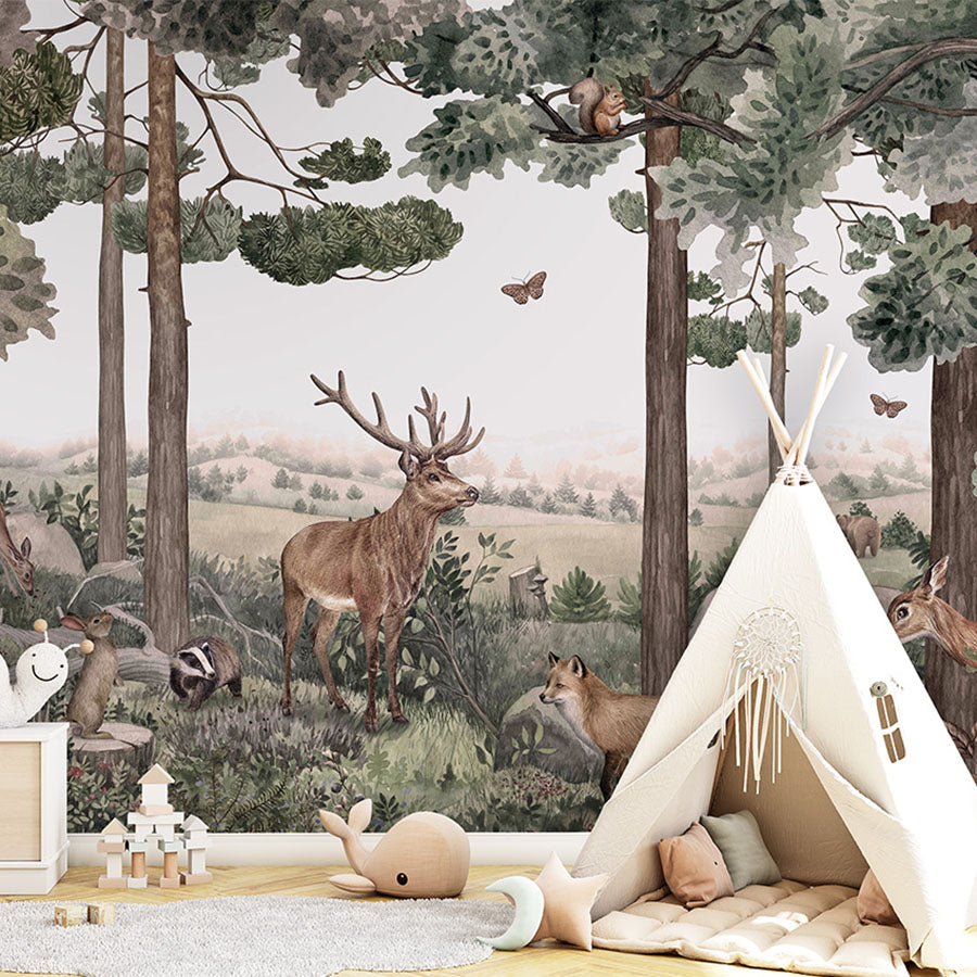 Forest Jive wallpaper mural in a children’s playroom tipi