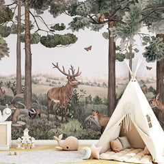 Forest Jive wallpaper mural in a children’s playroom tipi