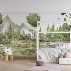 Forest Joy wallpaper mural shown in a children's bedroom house bed