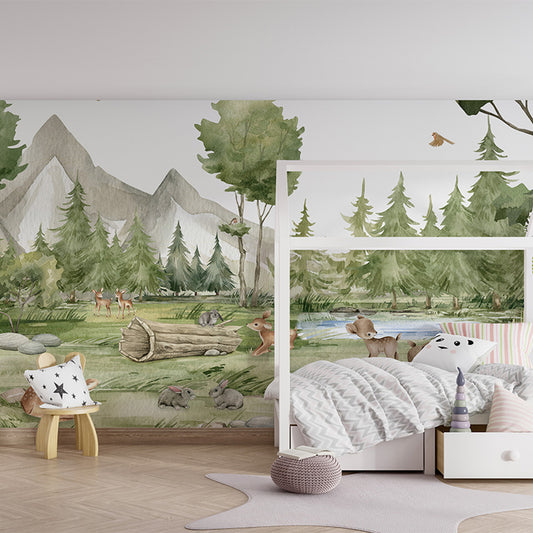 Forest Joy wallpaper mural shown in a children's bedroom house bed