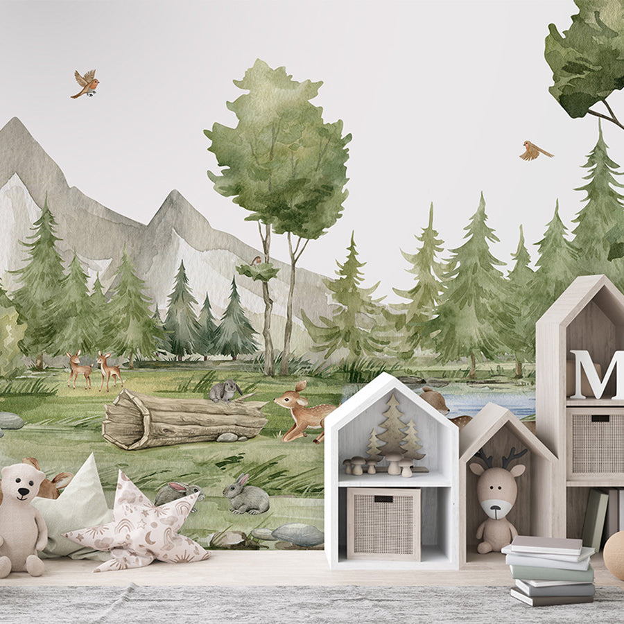 Forest Joy wallpaper mural shown in a children's bedroom house shelves