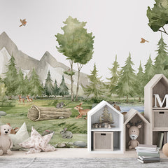 Forest Joy wallpaper mural shown in a children's bedroom house shelves