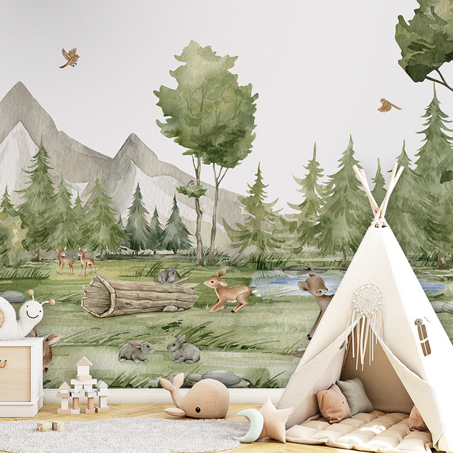 Forest Joy wallpaper mural shown in a children's bedroom teepee