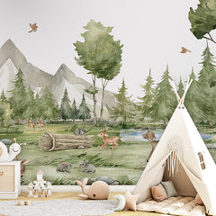Forest Joy wallpaper mural shown in a children's bedroom teepee