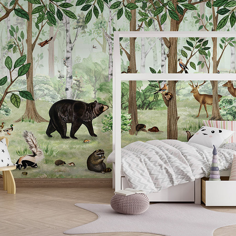 Forest Lookbook wallpaper mural in a children’s bedroom house bed