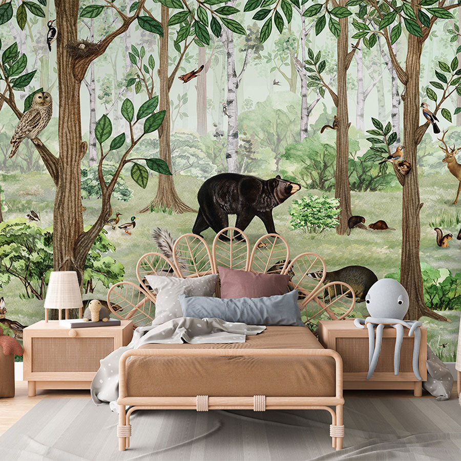 Forest Lookbook wallpaper mural in a children’s bedroom rattan bed