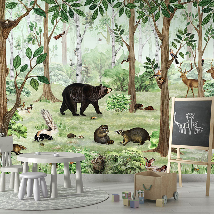 Forest Lookbook wallpaper mural in a children’s playroom school board