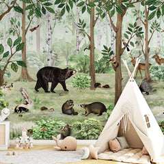 Forest Lookbook wallpaper mural in a children’s playroom tipi