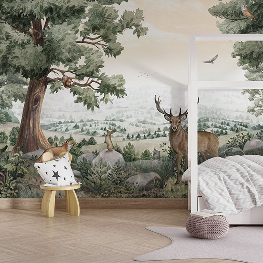 Forest Vista wallpaper mural in a children’s bedroom house bed