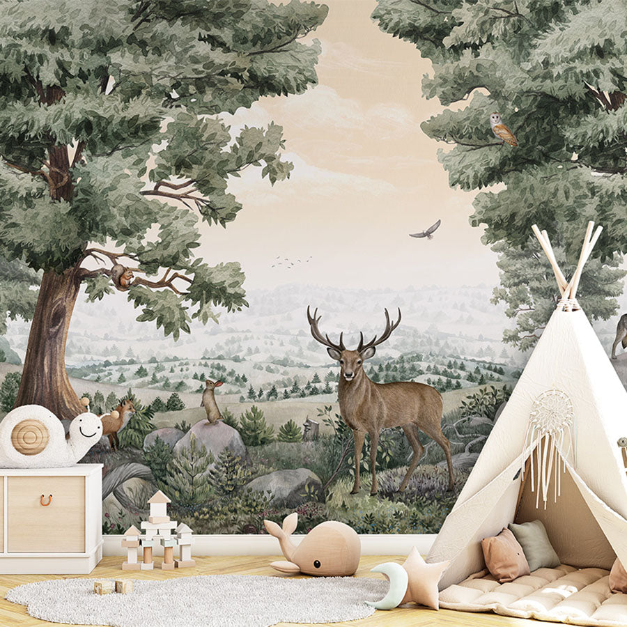 Forest Vista wallpaper mural in a children’s playroom tipi