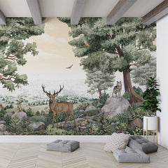 Forest Vista wallpaper mural in a living room floor cushions