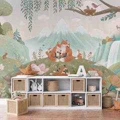Fox Family wallpaper mural shown in a children's bedroom dresser