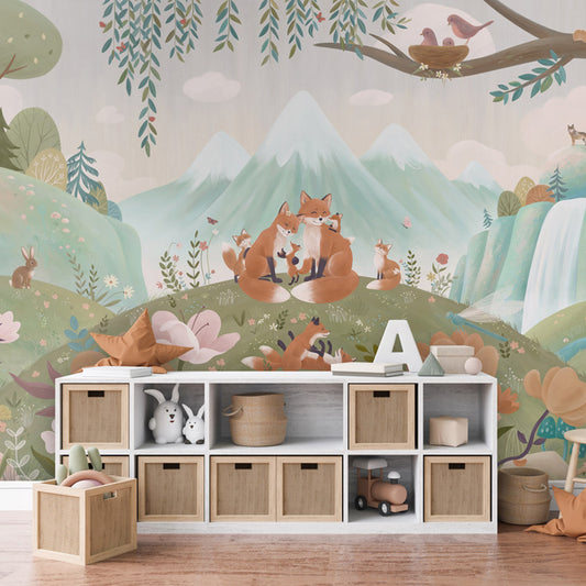 Fox Family wallpaper mural shown in a children's bedroom dresser