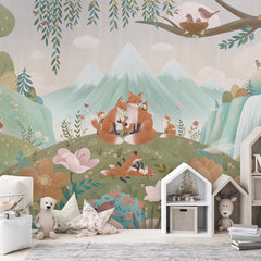 Fox Family wallpaper mural shown in a children's bedroom house shelves